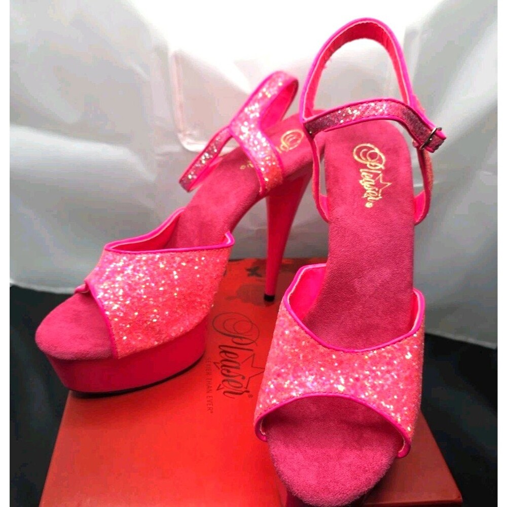 Pleaser Delight 609 Neon Pink Glitter Thick Strap Stiletto Heels Size 14